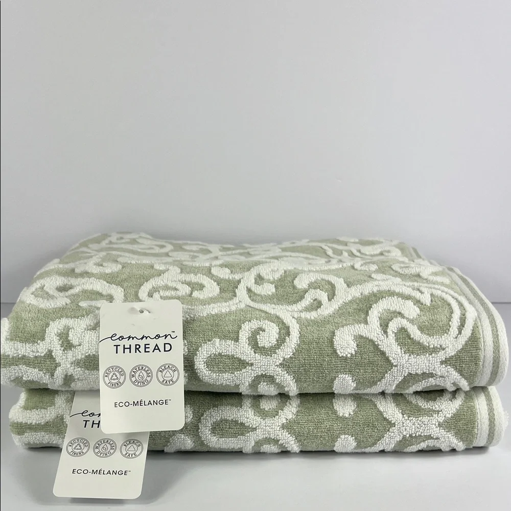 Common Thread Bath Towel Set Green White Scroll Jaquered Damask Cotton 2 Pc
